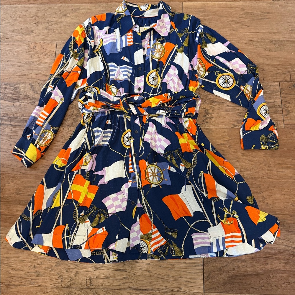 Anthropologie Maeve Shirt Dress Nautical Print Long Sleeve Size M